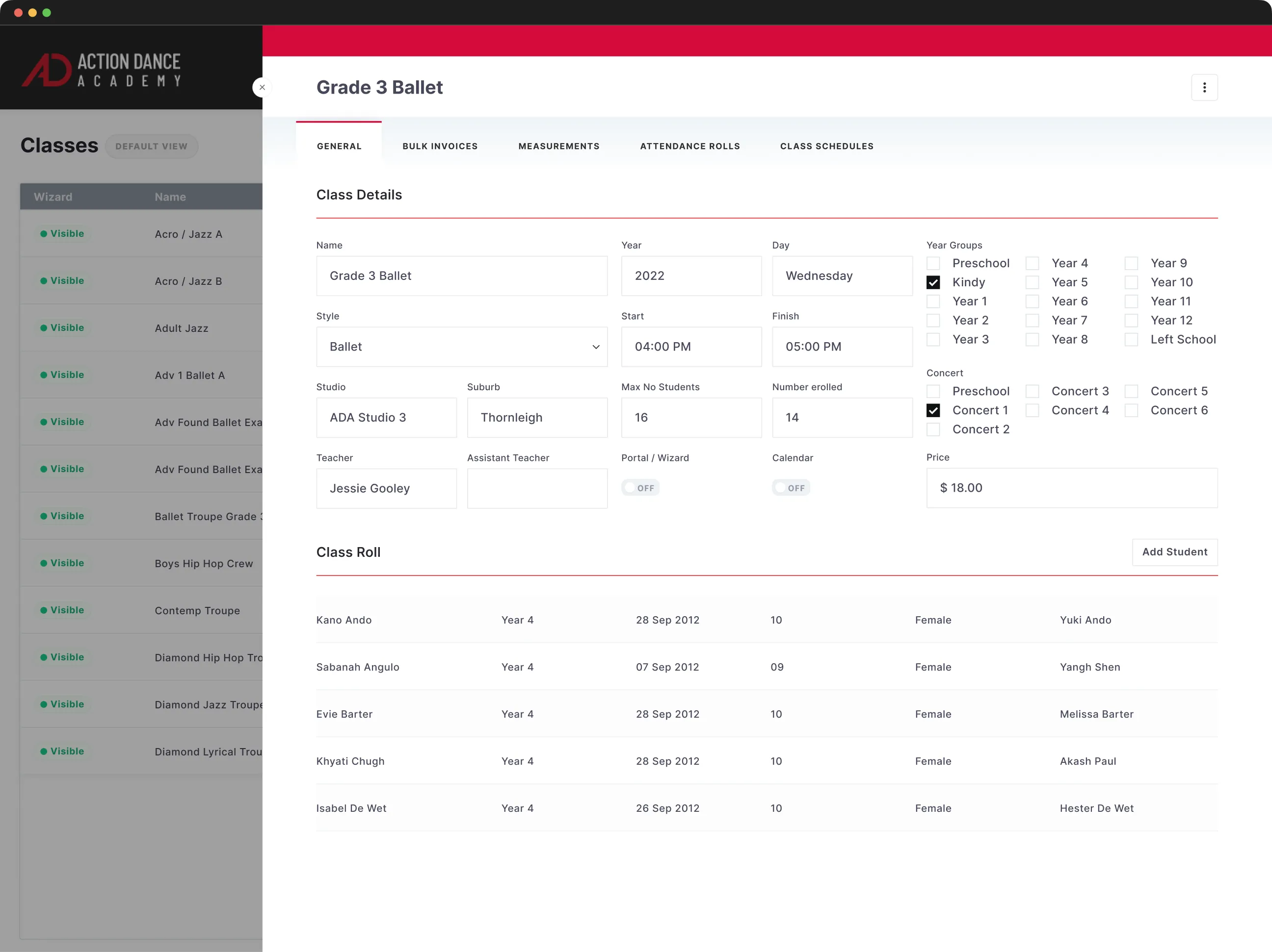 Action Dance Academy UI